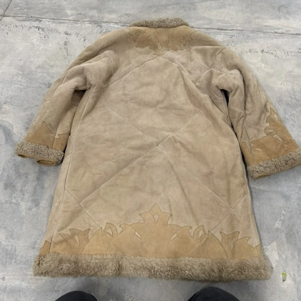 Vintage Suede Shearling Trim Coat Boho Festival Earthy‎ Tan